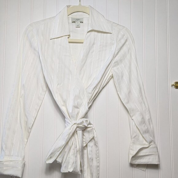 2 for $30 LOFT White Tailored Striped with Silver Lurex collared Wrap Blouse 4 - Picture 4 of 6
